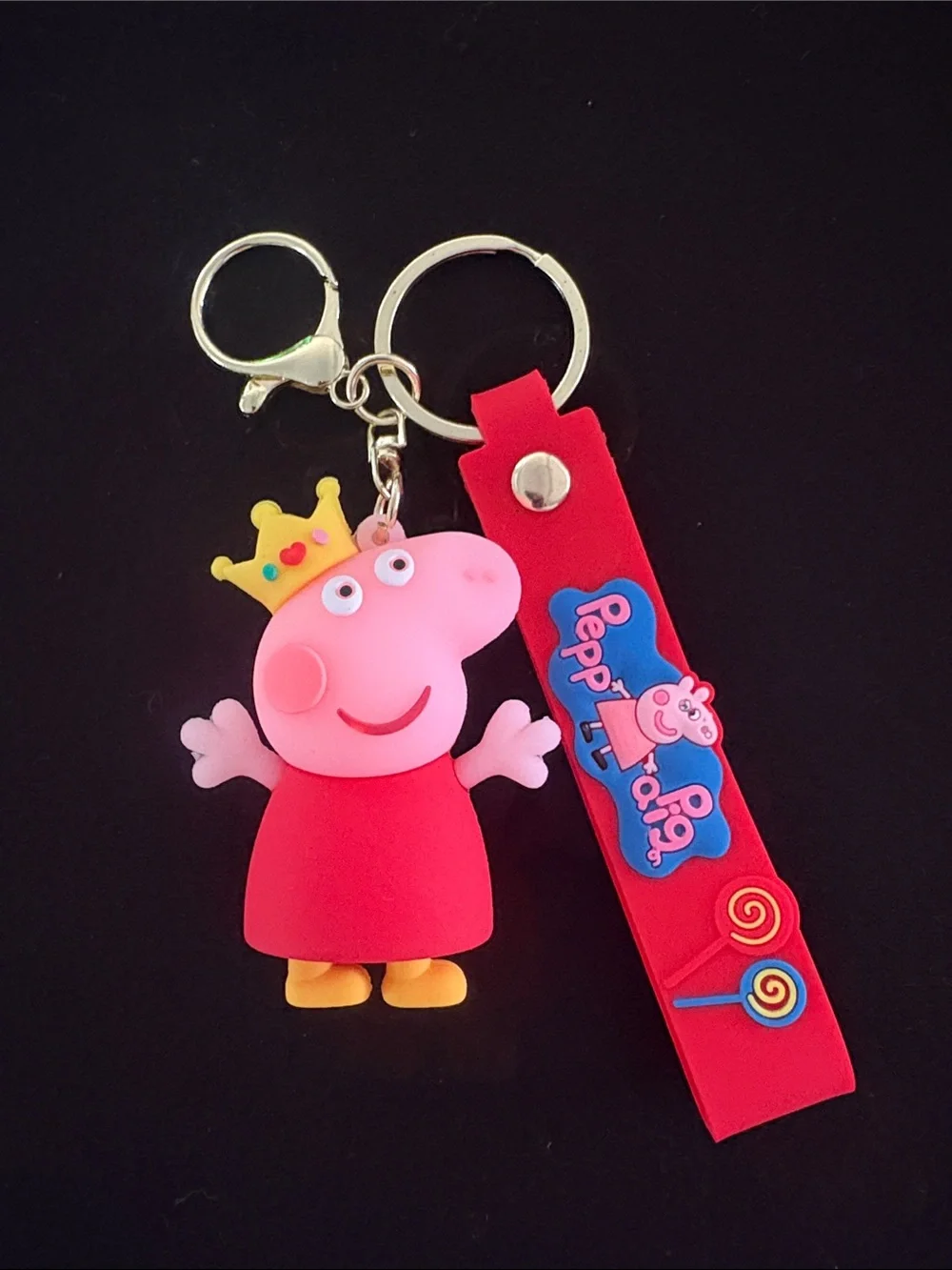 Peppa Pig with Yellow Crown Keychain Bag Charm with Red Strap